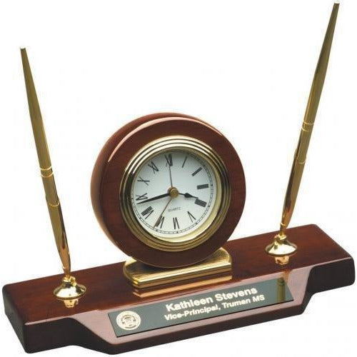 Rosewood Piano Finish Desk Clock w/ Two Pens - Action Awards