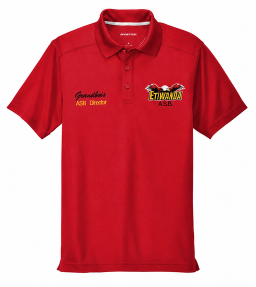 Red polo shirt with logos on a white background