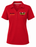 Red polo shirt with logos on a white background