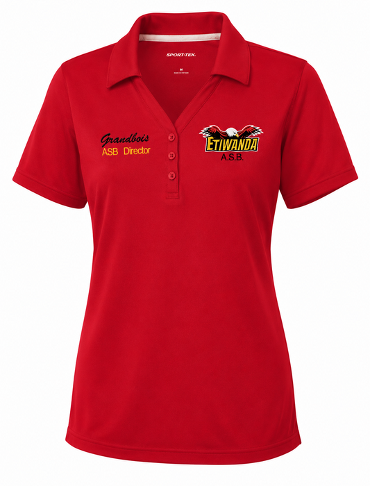 Red polo shirt with logos on a white background